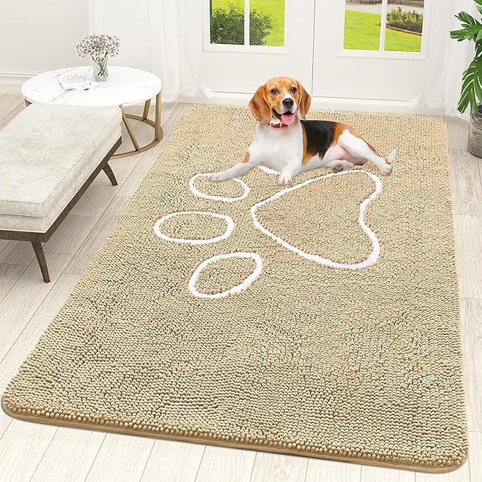 OLANLY Dog Door Mat for Muddy Paws 70x46, Paw Print Design, Absorbs Moisture and Dirt, Absorbent Non-Slip Washable Doormat, Quick Dry Chenille Mud Mat for Dogs, Entry Indoor Entryway Carpet, Beige
