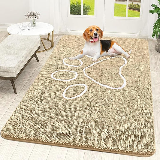OLANLY Dog Door Mat for Muddy Paws 70x46, Paw Print Design, Absorbs Moisture and Dirt, Absorbent Non-Slip Washable Doormat, Quick Dry Chenille Mud Mat for Dogs, Entry Indoor Entryway Carpet, Beige