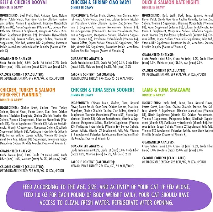 Weruva B.F.F. OMG - Best Feline Friend Oh My Gravy!, Variety Pack, Potluck O' Pouches, Wet Cat Food, 2.8Oz Pouches (Pack of 12)