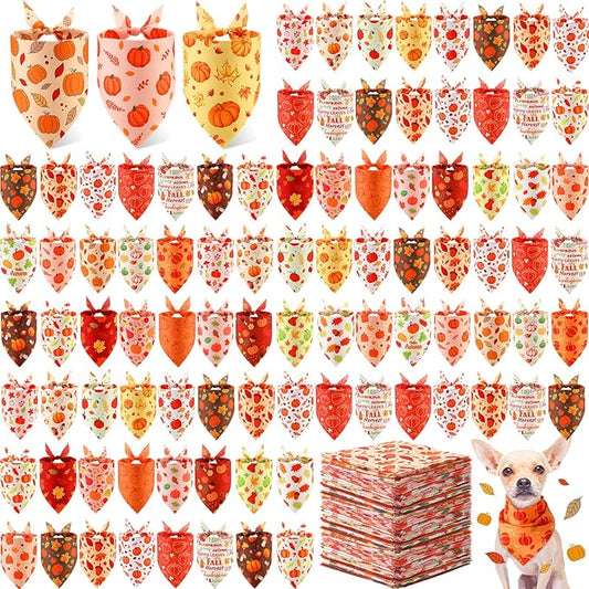Abbylike 200 Pcs Fall Thanksgiving Dog Bandanas Bulk Pumpkin Bandanas for Dogs Pets Triangle Kerchief Bibs Scarf for Pets Autumn Costume Photo Props Accessories Pet Shops Adoption Events, 25 Styles