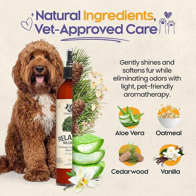 Dog Perfume Spray Long Lasting Relaxing Wildwoods 8 Fl Oz - Dog Calming Spray Scent Mist for Shining Fur, Puppy Cologne, Doggie Deodorant Fragrance Mist Pet Perfume for All Breeds by Gerrard Larriett