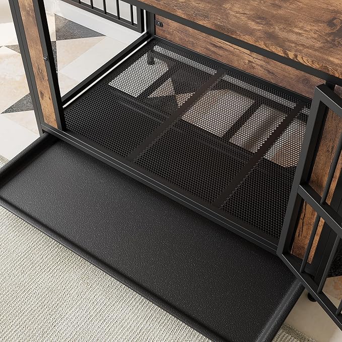 Dog Crate - Metal & Wooden Kenel with 3 Doors for Indoor, Medium/Large Dogs - Heavy Duty, Rustic Black & Brown