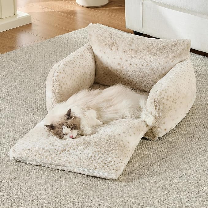 Hollypet Cat Bed Fluffy Plush Mutifuctional Double-Layer Soft Pet Couch Orthopedic Sofa Nest Beds for Small Cats and Dogs, Leopard (25x20x13 inch)