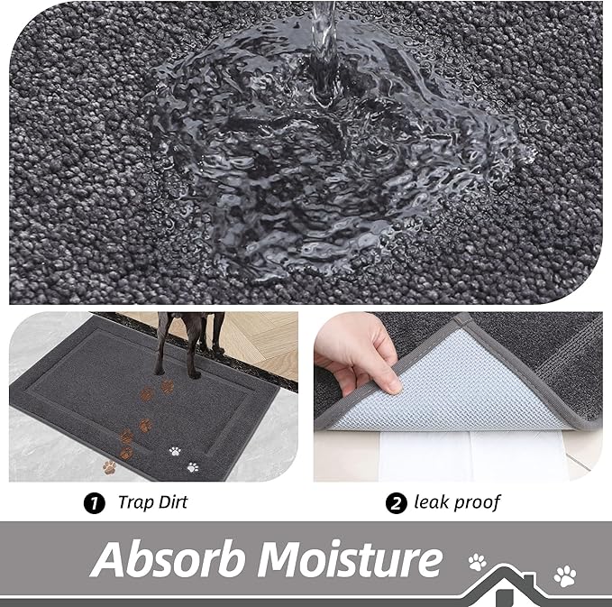 BEQHAUSE Dog Door Mat for Muddy Paws 32"x48" Dirt Trapper Absorbent Doormat Non Slip Entryway Rugs Washable Stain Resistant Welcome Floor Mat Soft Low-Profile for Front Back Door, Dark Grey