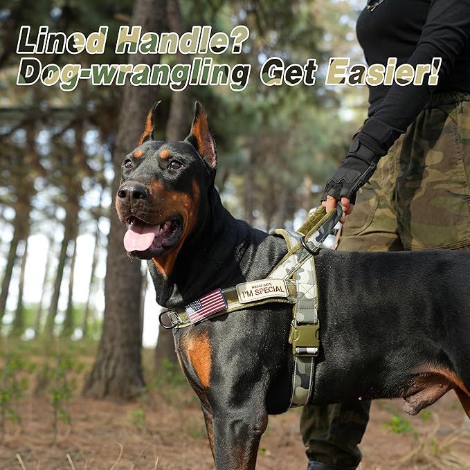 Forestpaw No Pull Dog Harness with Large Handle,Slip on Reflective Vest with Quick Release Buckle,Comfortable Flannel Lining for Medium Large Dogs Walking Training (Includes 3 Patches),Green Camo XL