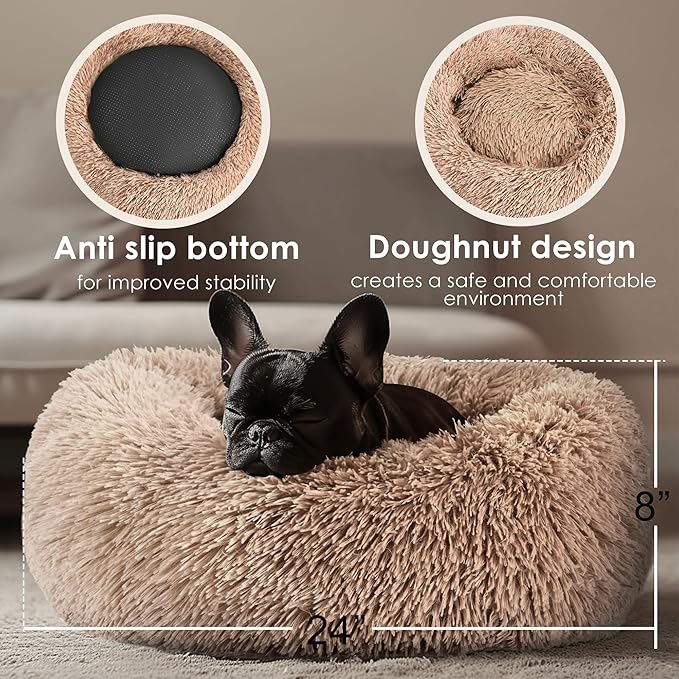 Dogs Bed for Small Dogs, Anti-Anxiety Washable Round Bed (Camel, 24.0" L x 24.0" W x 8.0" Th)