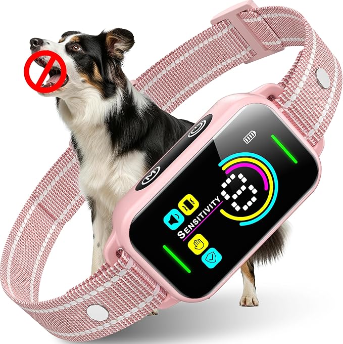 DINJOO Dog Bark Collar for Large/Medium/Small Dogs | Rechargeable Smart AI Anti-Barking Training Collar with 8 Adjustable Sensitivity, Beep & Vibration Modes | Solves Excessive Barking - Rose Pink
