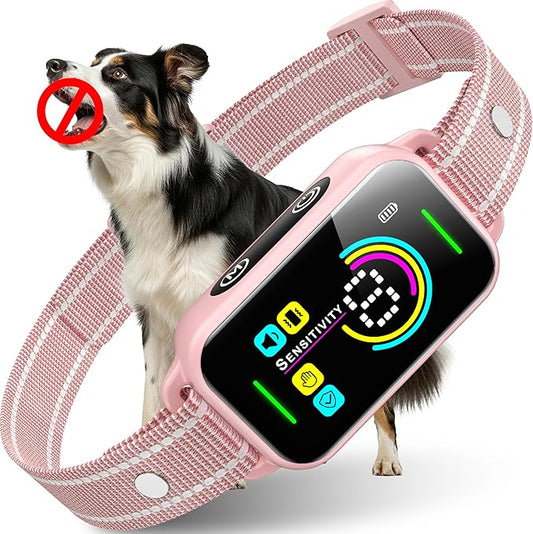 DINJOO Dog Bark Collar for Large/Medium/Small Dogs | Rechargeable Smart AI Anti-Barking Training Collar with 8 Adjustable Sensitivity, Beep & Vibration Modes | Solves Excessive Barking - Rose Pink