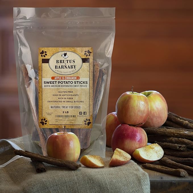 BRUTUS & BARNABY USA Sweet Potato Dog Treats - Crunchy Grain Free Cinnamon Apple Sticks, Promotes Positive Gut Health with Natural Anti-Diarrhea Properties (Cinnamon & Apple, 12 oz)