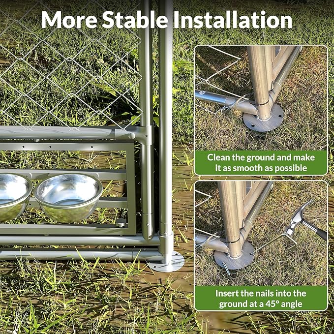 Rovibek 10x10 Ft Dog Kennel Outside, Outdoor Dog Kennel with Roof, Dog Kennels Outdoor with Steel Rotating Feeder Bowls, Outside Kennel for Large Dogs