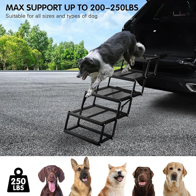 DGSL Dog Ramp for Car, Extra Wide 4 Steps Dog Stairs for Truck, Folding Steps for Dogs with Non-Slip Surface, Pet Loader Dog Steps for Large Dog, SUV, Side Door and Bed (Mesh, 16.9In-4 Steps)