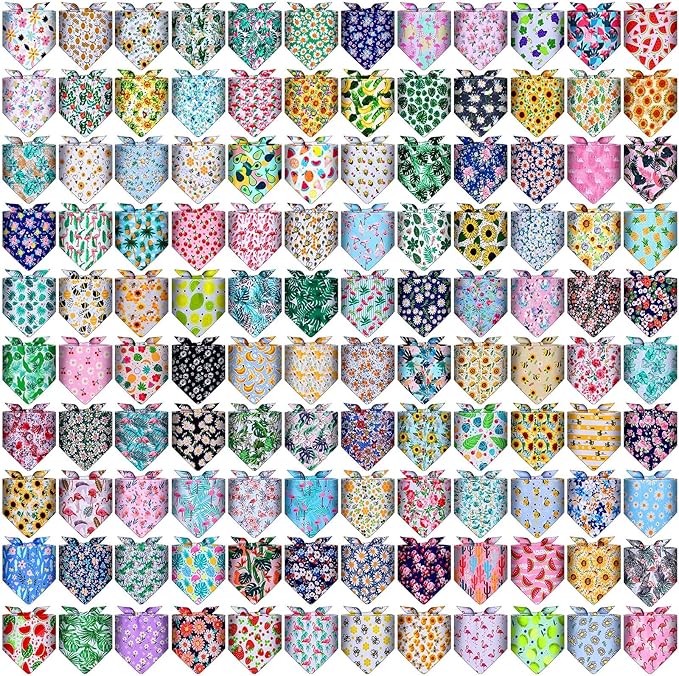 Amylove 120 Pcs Halloween Dog Bandanas Bulk Thanksgiving Day Holiday Triangle Dog Pack Puppy Kerchief Bandana Adjustable Pet Scarf for Pet Cat Costume Accessories Decor(Flower)