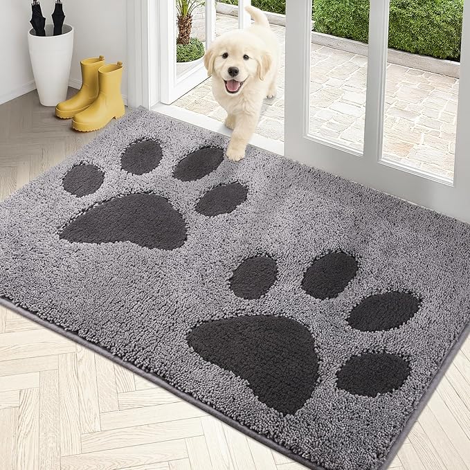 PURRUGS Dirt Trapping Door Mat 33.5" x 59", Non-Skid/Slip Machine Washable Microfiber Entryway Rug, Dog Doormat, Super Absorbent Welcome Mat for Muddy Wet Shoes and Paws, Grey