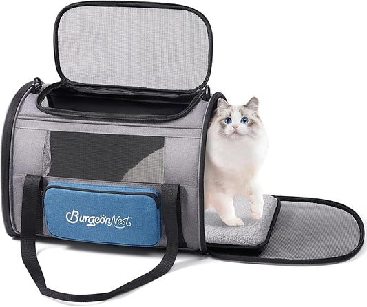 BurgeonNest Cat Carrier, Airline Approved Dog Carrier, Soft Sided Cat Pet Carrier for Small Medium Cats Dogs Under 20 lbs with Side Bag, Collapsible Travel Kitten Puppy Carriers, Blue