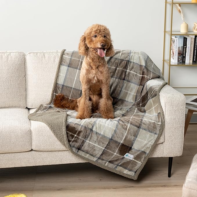 PetAmi Waterproof Dog Blanket for Small Medium Dog Puppy Cat Throw for Couch Cover Leakproof Protection, Sherpa Fleece, Reversible Soft Washable 29x40 Plaid Taupe