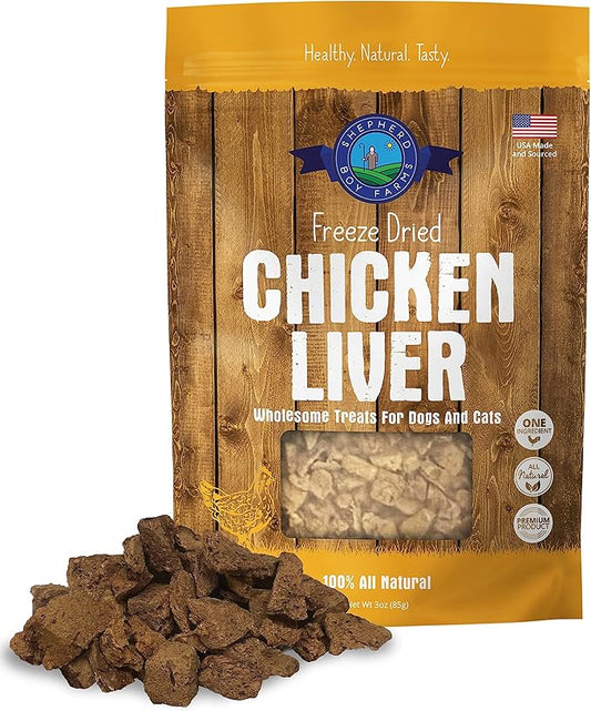 Freeze Dried Dog and Cat Treats, Chicken Liver, All Natural Single Ingredient Freeze-Dried Dog Treat & Snacks, Made in USA, High Protein, Essential Nutrition Raw Food, 3oz