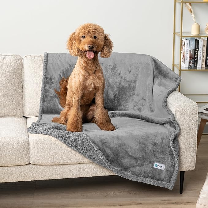 PetAmi Waterproof Dog Blanket for Medium Large XL Dog Puppy Cat Throw for Couch Cover Leakproof Protection, Sherpa Fleece, Reversible Soft Washable 80x60 Light Gray