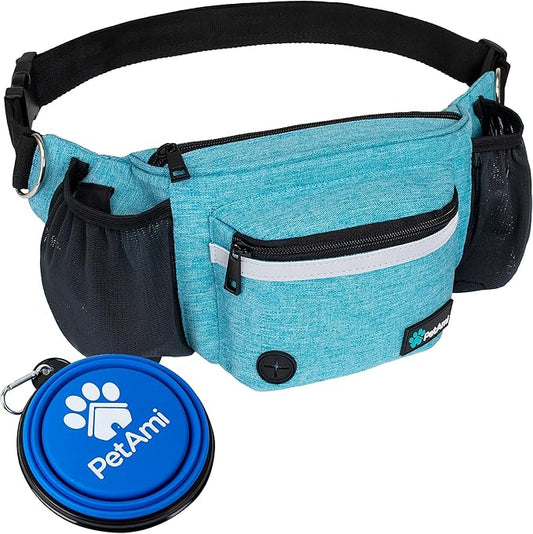 PetAmi Dog Fanny Pack, Treat Pouch for Dog Walking, Training, Built in Poop Bag Dispenser, Water Bottle Holder, Collapsible Bowl, Pet Treat Waist Belt for Hiking, Running, Kibbles (Turquoise)