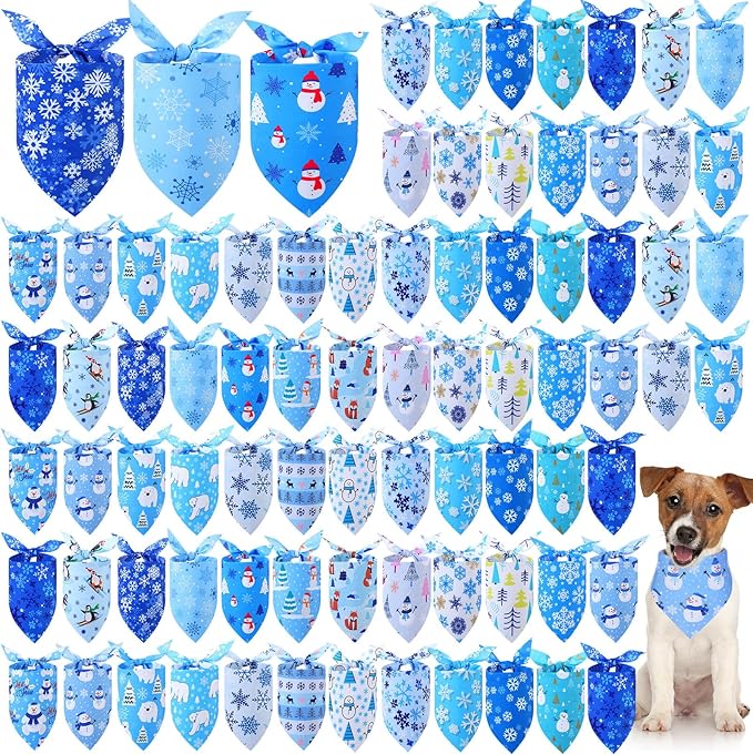 Abbylike 100 Pcs Winter Dog Bandanas Bulk Blue Snowflake Bandanas for Dogs Triangle Kerchief Bibs Scarf Set for Pet Winter Costume Photo Props Accessories Pet Shops, 25 Styles(31.5 x 21.7 x 21.7 Inch)