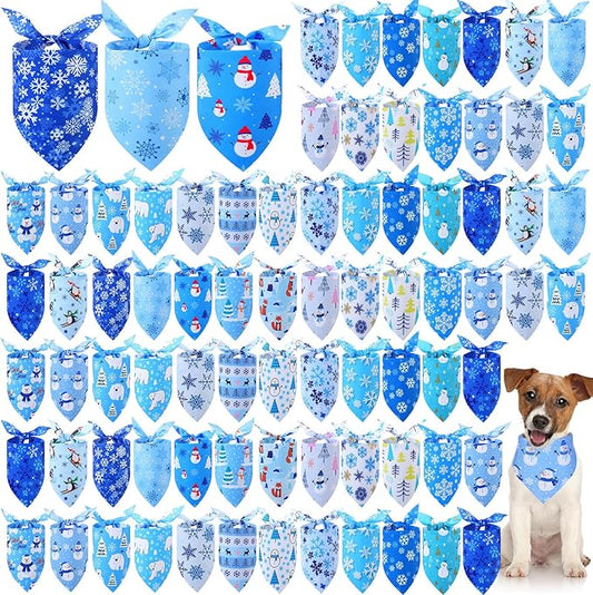 Abbylike 100 Pcs Winter Dog Bandanas Bulk Blue Snowflake Bandanas for Dogs Triangle Kerchief Bibs Scarf Set for Pet Winter Costume Photo Props Accessories Pet Shops, 25 Styles(31.5 x 21.7 x 21.7 Inch)