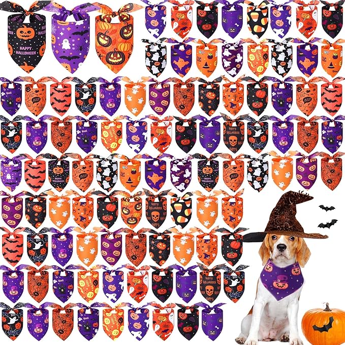 Abbylike 100 Pcs Halloween Dog Bandanas Bulk Pumpkin Bandanas for Dogs Triangle Kerchief Bibs Scarf Set for Pet Halloween Costume Photo Props Accessories Pet Shops, 25 Styles (31.5 x 21.7 x 21.7)
