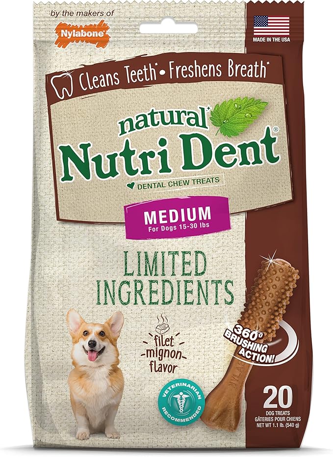 Nylabone Nutri Dent Dog Dental Chews - Natural Dog Teeth Cleaning & Breath Freshener - Dental Treats for Dogs - Filet Mignon Flavor, Medium (20 Count)
