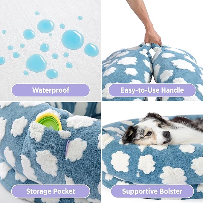 LE SURE Human Dog Bed for Adult - Calming Human Size Dog Bed with Egg Foam Supportive Mat and Storage Pocket, Cute Modern Pet Beds with Jacquard Shaggy Plush & Anti Slip Bottom 55x37x10, Blue