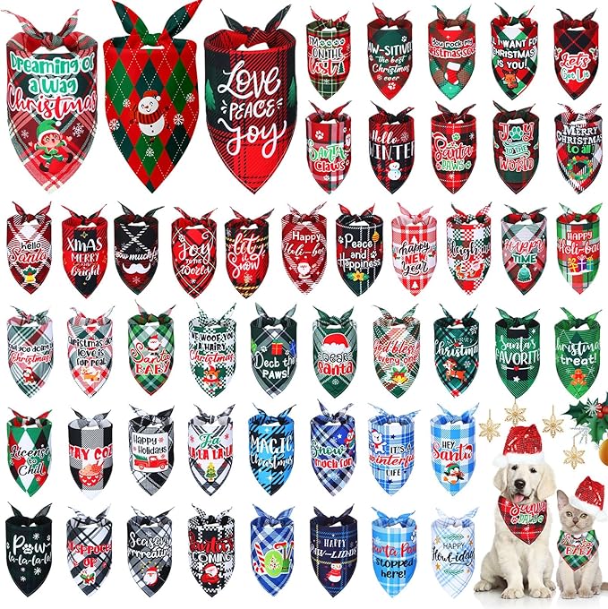 Abbylike 50 Pcs Dog Bandanas Bulk Pet Scarfs Triangle Bibs Adjustable Washable Puppy Kerchief Seasonal Pet Costume Accessories Grooming Supplies for Small Medium Large Dogs Cats(Christmas Plaid Dog)