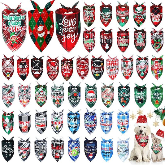 Abbylike 50 Pcs Dog Bandanas Bulk Pet Scarfs Triangle Bibs Adjustable Washable Puppy Kerchief Seasonal Pet Costume Accessories Grooming Supplies for Small Medium Large Dogs Cats(Christmas Plaid Dog)