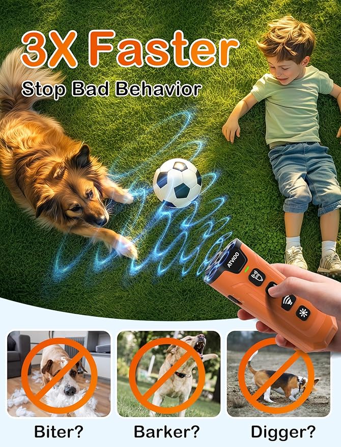 Dog Bark Deterrent Device - Ultrasonic Anti-Barking Devices with 3X Sonic Emitters, Up to 50FT Long Range & Rechargeable Bark Control - Safe for Dogs Training - Indoor & Outdoor (Orange)