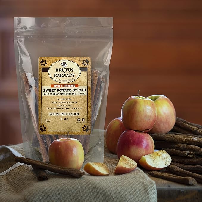 BRUTUS & BARNABY USA Sweet Potato Dog Treats - Crunchy Grain Free Cinnamon Apple Sticks, Promotes Positive Gut Health with Natural Anti-Diarrhea Properties (Cinnamon & Apple, 8 oz)