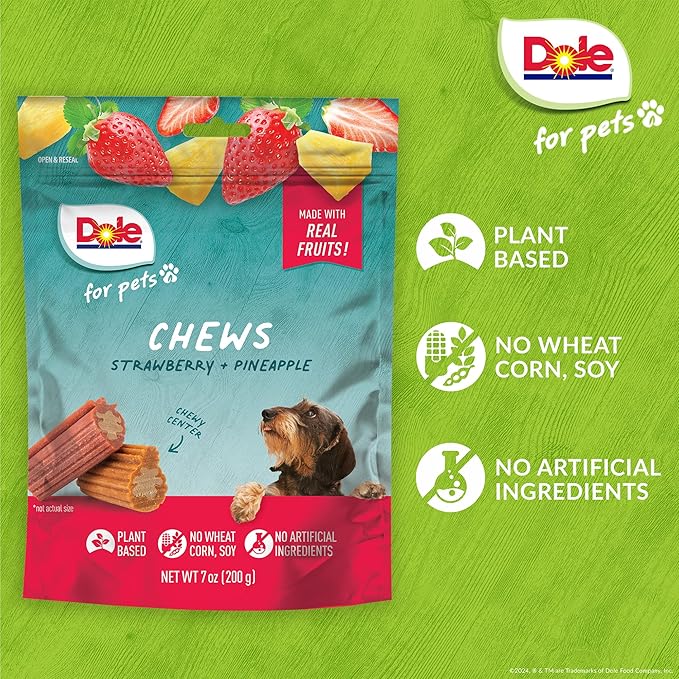 Dole Freshly Fetched Dog Chews, Strawberry & Pineapple Flavored Dog Treats, 7oz, No Wheat, Corn, Soy, Artificial Flavors, Colors, or Preservatives