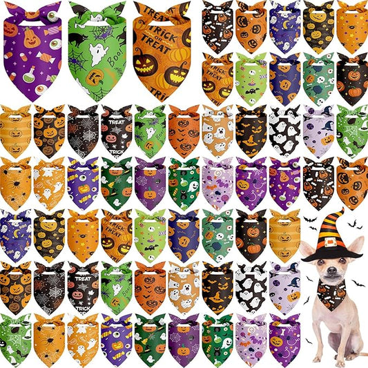 Chunful 60 Pcs Halloween Bandanas for Dogs Pumpkin Ghost Spider Patterns Soft Bibs Adjustable Triangle Doggie Scarf for Small Medium Large Pet Costume(25.6 x 17.7 x 17.7 Inch)