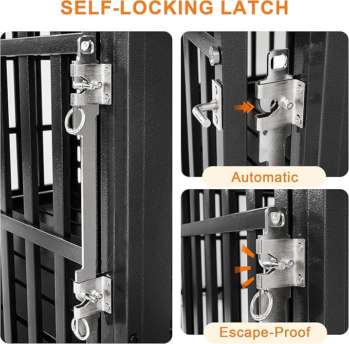 46 Inch Heavy Duty Dog Crate with Self-Locking Latch for High Anxiety Dogs, Indestructible Large Kennel Indoor with Pointed Roof, Removable Trays and Lockable Wheels, Chew Proof Cage