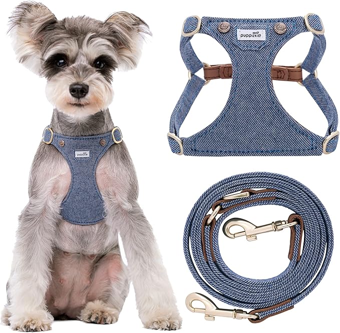 Puppytie No Pull Small Dog Harness with Multifunction Dog Leash,Lightweight Soft Adjustable No Choke Escape Proof Pet Harness Vest Pet Harness Vest,Denim Light Blue,S