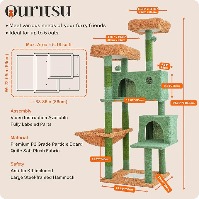 Ouritsu Cat Tree, 57 inch Cat Tower for Large Cat Indoor, 2 Top Perches with 1 Widened, 2 Condos with 1 Enlarged, Steel Frame Hammock, Scratching Posts and Scratching Pad, Green, LF003GB