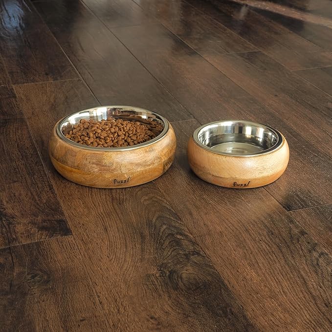 Titan Mango Wood & Stainless Steel Bowl 9.5 Inch Large - Natural Dog Bowl for Indoors and Outdoors with Rubber Base
