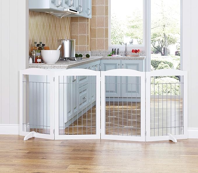 Spirich Free Standing Foldable Wire Pet Gate for Dogs, 80 Inches Extra Wide, 30 Inches Tall 4 Panels Dog Gate for The House, Doorway, Stairs, Pet Puppy Safety Fence, Sliver White