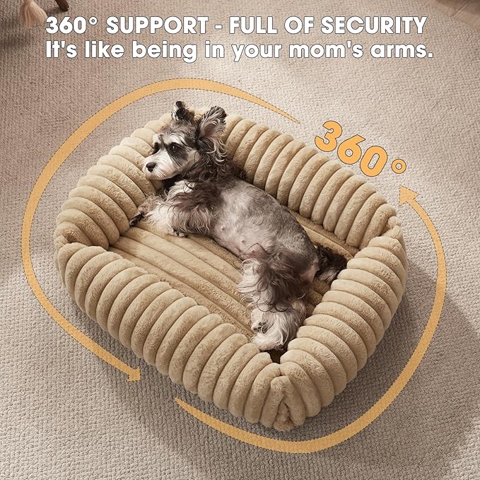 Dog Beds for Small Dogs, Washable Orthopedic Dog Bed with Removable Cover, Rectangle Soft Calming Sleeping Puppy Bed Durable Pet Cuddler with Anti-Slip Bottom, 20"x19"x6" Beige