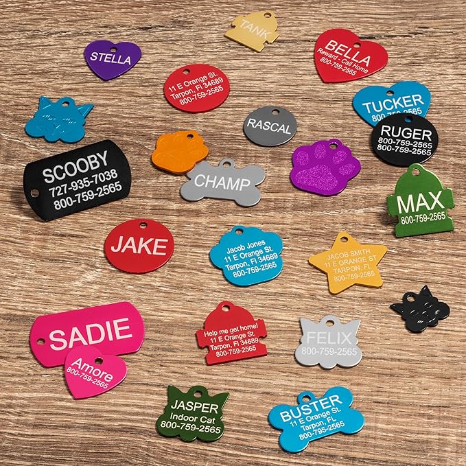 Providence Engraving Pet ID Tags in 8 Shapes, 9 Colors, and Two Sizes - Personalized Dog and Cat Tags with 4 Lines of Customizable Text