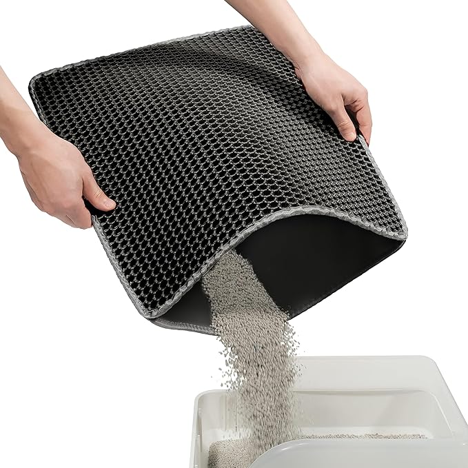 Cat Litter Mat Cat Litter Trapping Mat, 20 x 16 inch Honeycomb Double Layer Design, Urine and Water Proof Material, Scatter Control, Less Waste, Easier to Clean, Washable black