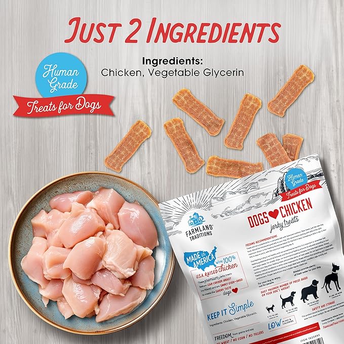 Farmland Traditions Dogs Love Chicken Jerky Dog Treats, Premium Two-Ingredient Dog Jerky with USA-Raised, Human-Grade Chicken & No Antibiotics Ever, 1-Pound Bag