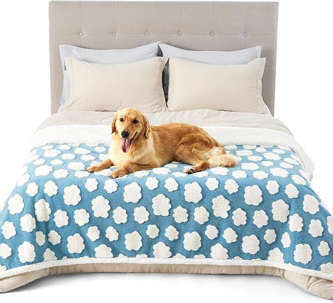 LE SURE Waterproof Dog Blanket for Large Dogs - Washable Double Sided Dog Blankets with Warm Jacquard Shag and Soft Sherpa Fleece, Pet Cat Blanket for Bed Protection, 3D Textured Cloud, Blue