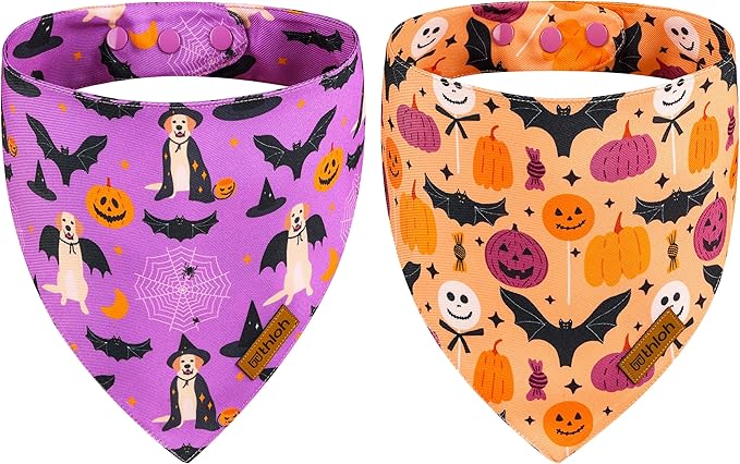 Halloween Dog Bandanas - 2 Pack Purple Dog Bandana with Snap Button | Reversible Pet Scarf for Boy & Girl | Premium Durable Fabric | Holiday Bandana for Small and Medium Dogs (Small)