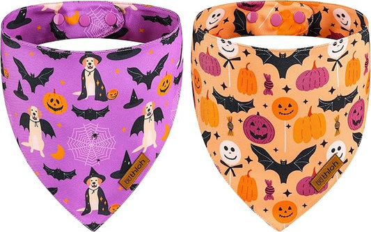 Halloween Dog Bandanas - 2 Pack Purple Dog Bandana with Snap Button | Reversible Pet Scarf for Boy & Girl | Premium Durable Fabric | Holiday Bandana for Medium and Large Dogs (Large)