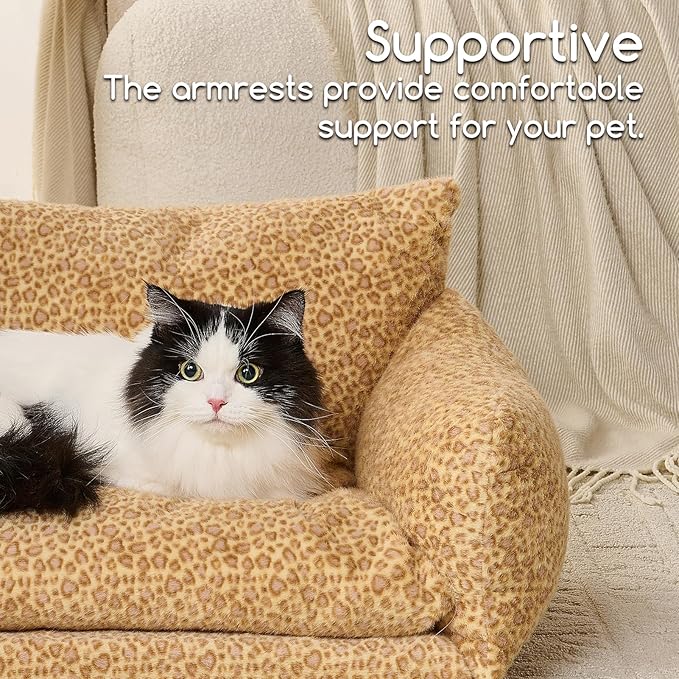 Hollypet Cat Bed Fluffy Plush Mutifuctional Double-Layer Soft Pet Couch Orthopedic Sofa Nest Beds for Small Cats and Dogs, Yellow Leopard (25x20x13 inch)