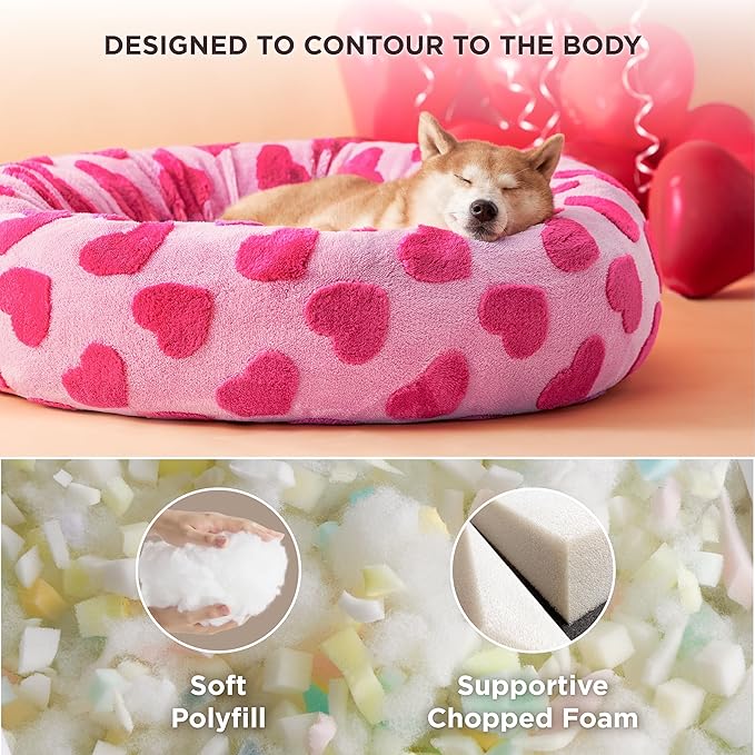 LE SURE Donut Large Dog Bed - Round Cat Beds for Indoor Anti-Anxiety Calming Pet Beds, Washable Cute Modern Beds with Teddy Sherpa Plush & Anti Slip Bottom, 36 Inch, Heart Pink
