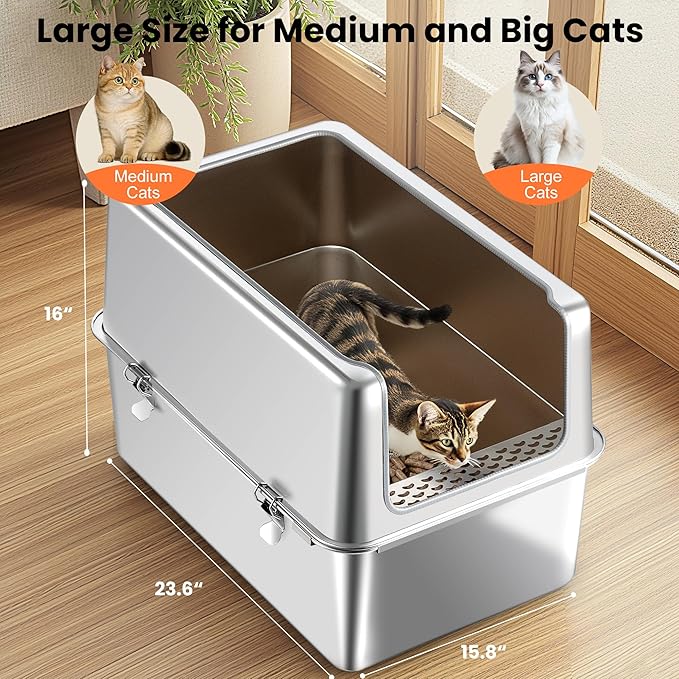 Stainless Steel Litter Box with Metal Lid and Scoop - Enclosed Metal Litter Box for Large Cats, Rust-Resistant, Odor-Control, Easy to Clean, Durable & Long-Lasting with Round Edge (XXL)