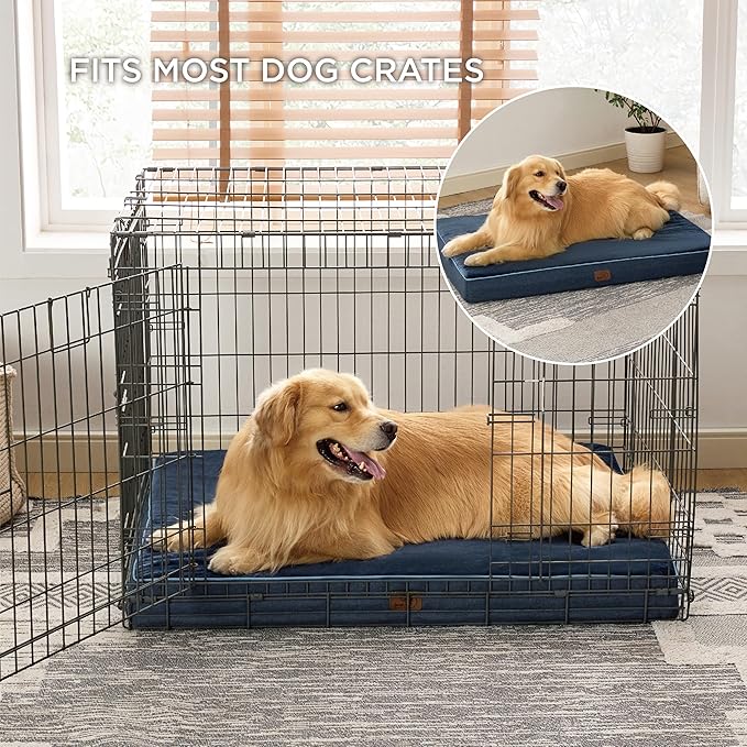 Bedsure Memory Foam Dog Beds Large Sized Dog - Orthopedic Pet Beds for Crate with Removable Washable Cover and Nonskid Bottom, Plush Flannel Fleece Top Pet Mat, Navy