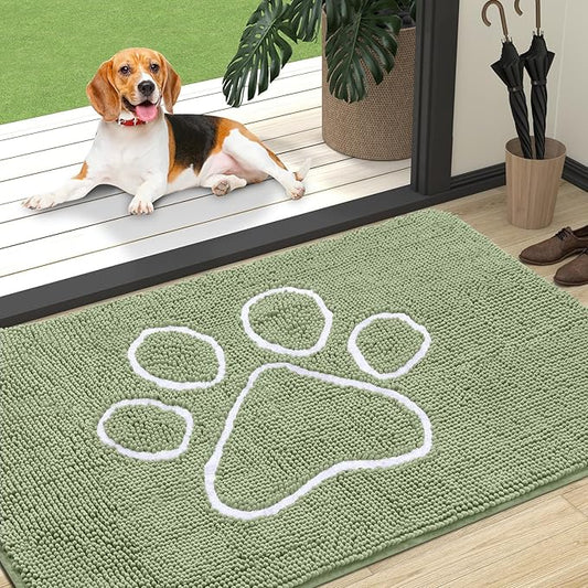 OLANLY Dog Door Mat for Muddy Paws 47x32, Paw Print Design, Absorbs Moisture and Dirt, Non-Slip Washable Doormat, Quick Dry Chenille Mud Mat for Dogs, Entry Indoor Entryway Carpet, Sage Green